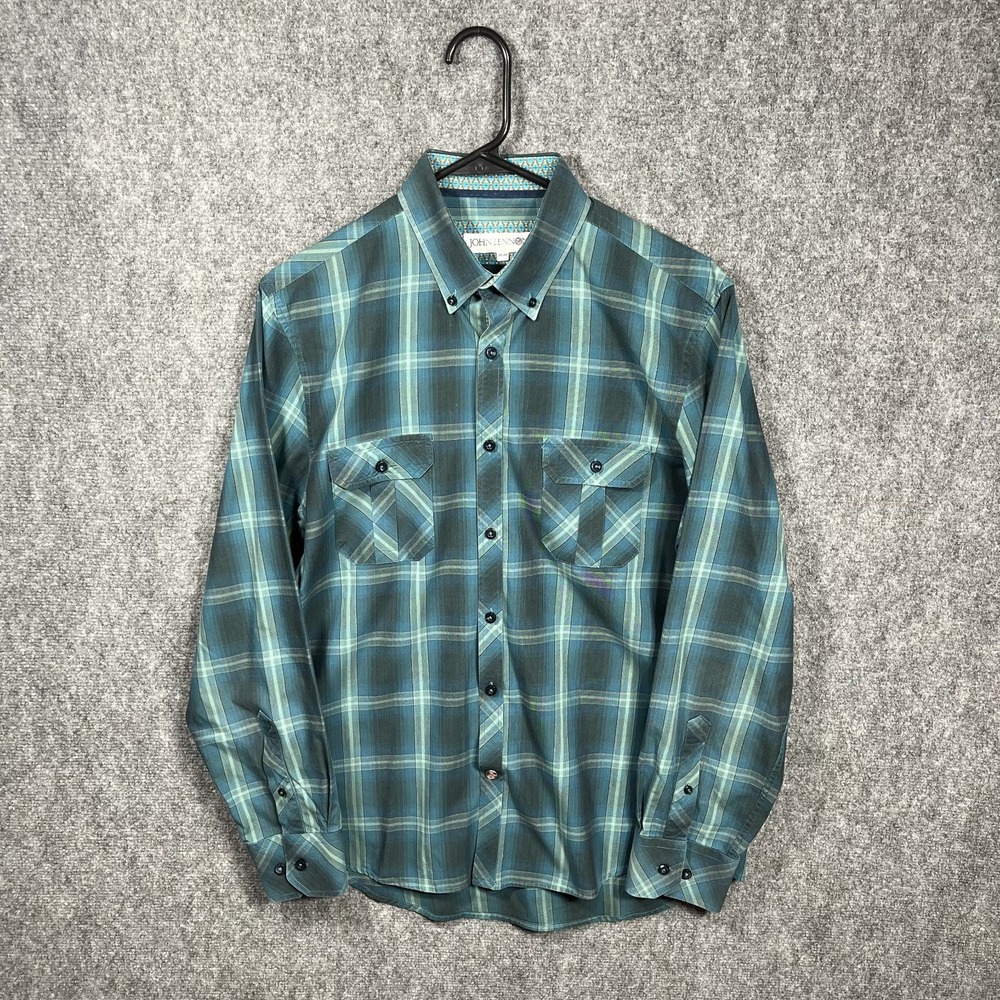 John Lennon Mens Button Up Shirt M Green Blue Plaid The Beatles Retro UK Peace